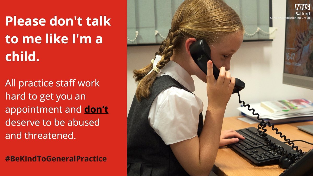 SalfordICP's tweet photo. All Practice Staff work hard to get you an appointment.
They don't deserve to be abused or threatened โ.
Please #BeKind as they are people that have feelings too.
https://t.co/qNeW5qrzup
#BeKindToGeneralPractice #zerotolerance #NHS #GP #PracticeStaff https://t.co/rhV4NWnJSG