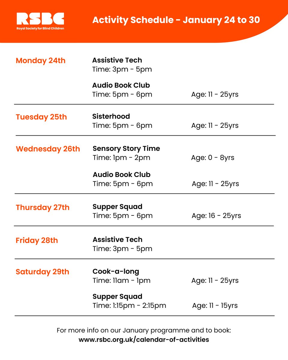 We have some great virtual activities for vision impaired young people (0-25) this week at RSBC!

Join us for fun sessions including Sisterhood, Sensory Story Time, Cook-a-long and more!

To book 👇
rsbc.org.uk/calendar-of-ac…

📞 0203198980225 / 📧 connections@rsbc.org.uk