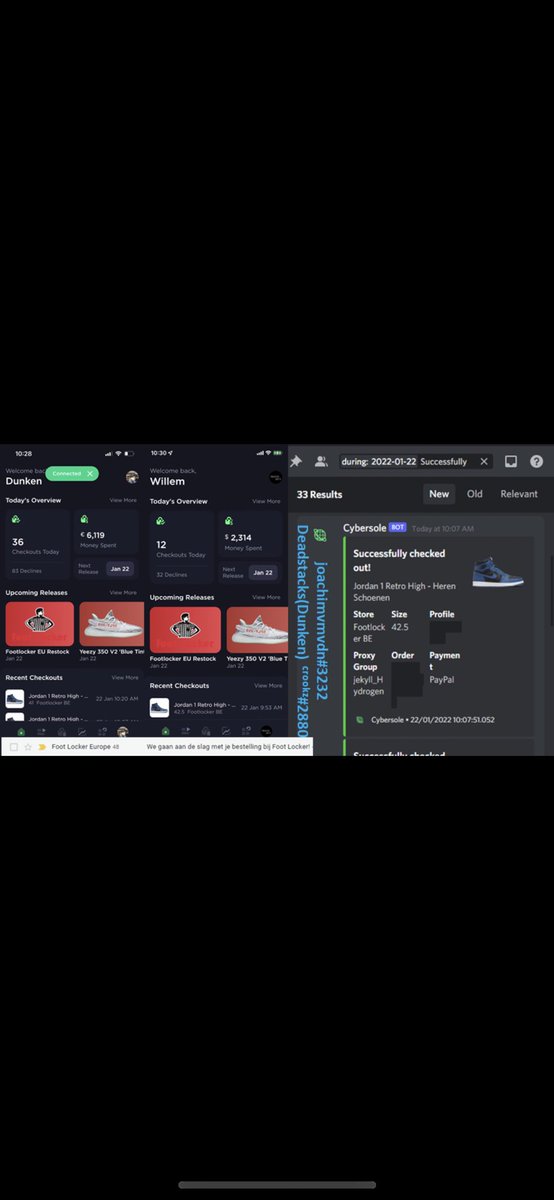 deadstacks1's tweet image. 22/01/2022 was a crazy morning. Started after 20 minutes. 
Bot: @cybersolefeed @Cybersole 
Proxies:@JekyllProxies 
Private subnet from: @Infinitum_Proxy 
Cg: @EscapeNotify
Partners: @willemghys @tr3nte2eux