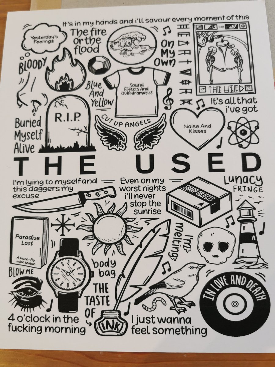 Kimothyh's tweet photo. Had this made with all my favourite lyrics and it turned out so perfect i'm in love with it 😍 @WeAreTheUsed search dxsignsbyd on etsy or redbubble. This was a custom piece 🙂 https://t.co/g8VbKO8EIw