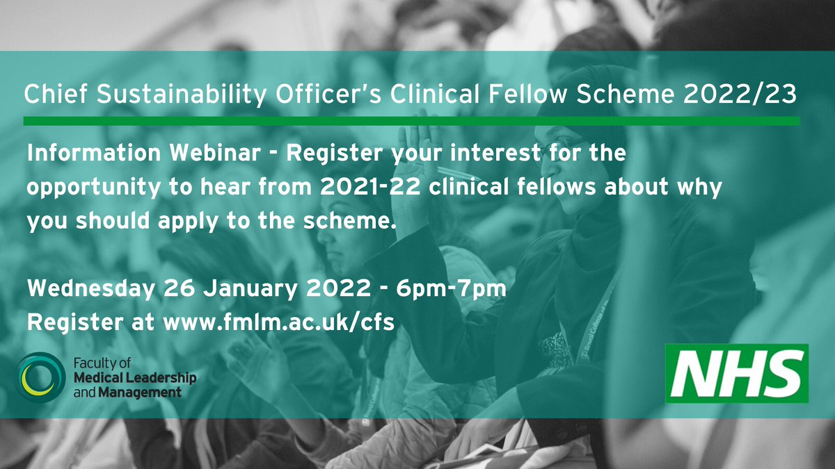 The Chief Sustainability Officer’s Clinical Fellow Scheme is seeking the next generation of clinical health and sustainability leaders. 
 
Join webinar on Wednesday to find out more! 👇
 
fmlm.ac.uk/clinical-fello…’s-clinical-fellow-scheme

#GreenerNHS #CFSSustainability #NHS