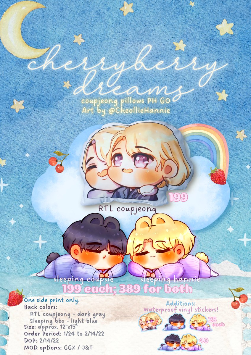 heyhanniehae's tweet photo. 🍒🍓#cherryberrydreams - coupjeong pillows &amp; stickers

Designs available (Art by @CheollieHannie)
🌟RTL coupjeong
🌟sleeping coupsie
🌟sleeping hannie

Order period: 1/24-2/14/22
Order form: https://t.co/fjUElzW2Jn

#jeongcheol #coupshan #쿱정 #정철
wts seventeen jeonghan scoups https://t.co/FqbkaoNseM