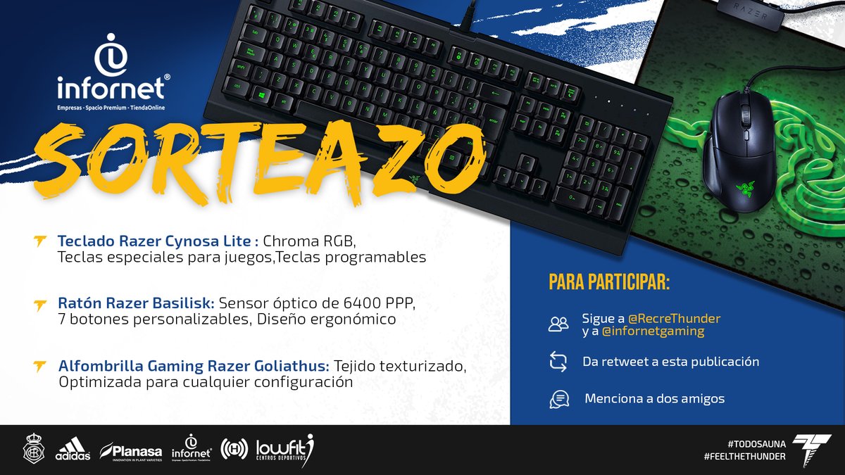 RecreThunder's tweet photo. 📣Sorteamos el siguiente 'pack' de #Razer junto a nuestro nuevo #sponsor principal, #InfornetGaming.

Requisitos:
  ✅Seguir a @RecreThunder y @infornetgaming 
  ✅Dar 🔃 a la publicación
  ✅Mencionar a 2 amigos

🗓️Finaliza el 24/02

¡Suerte!🍀

#TodosAUna⚪️🔵
#FeelTheThunder⚡️ https://t.co/gfM4Bd44qD