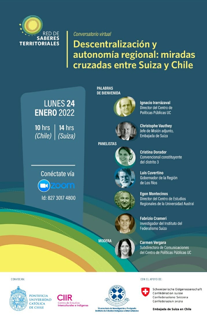 Institute of Federalism (@instituteoffed) on Twitter photo Decentralisation and regional autonomy – an important topic in the constitutional process in Chile <a href="/SuizaChile/">Embajada de Suiza en Chile</a>
Experts from Chile and Switzerland will feed the debate on the effects of decentralisation policies.
⏰24.01 | 2 pm CET
Register 👉bit.ly/3FJgLaJ Decentralisation and regional autonomy – an important topic in the constitutional process in Chile <a href="/SuizaChile/">Embajada de Suiza en Chile</a>
Experts from Chile and Switzerland will feed the debate on the effects of decentralisation policies.
⏰24.01 | 2 pm CET
Register 👉bit.ly/3FJgLaJ