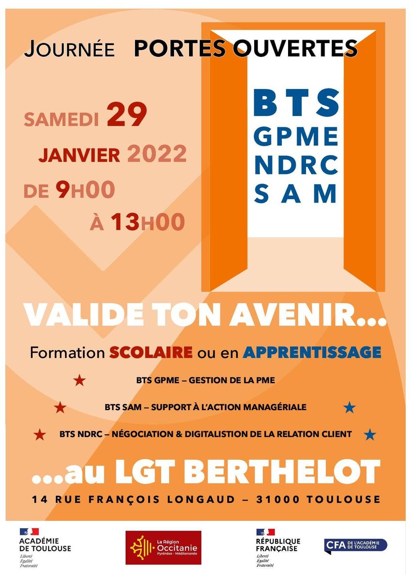 laurentmallet31's tweet photo. Futurs bacheliers, titulaires du bac ou étudiants en reconversion, venez à notre rencontre lors la journée portes ouvertes organisée au lycée Berthelot Toulouse le samedi 29 janvier 2022.
L'équipe #BTS GPME, NDRC et SAM en formation initiale ou en #apprentissage vous attend https://t.co/abGo94KArN