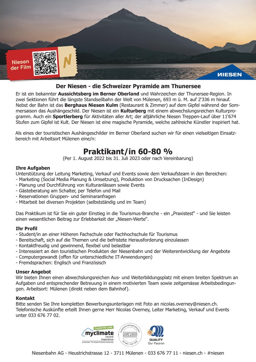 Arbeiten auf der Schweizer Pyramide am Thunersee - Wir suchen Mitarbeitende!
.
Für die Saison 2022 suchen wir Mitarbeitende im Berghaus Niesen Kulm und ein/e Praktikant*in Marketing, Verkauf &amp; Events.
.
Wir freuen uns auf Ihre Bewerbung!
.
#niesen #niesenbahn #berghausniesenkulm
