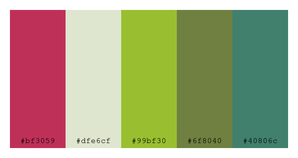 ColPaletteBot's tweet photo. Beep beep, here's a pretty color palette for you! 

color-scheme.js parameters used: 
- hue: 350
- variation: pastel
- colors: #bf3059, #dfe6cf, #99bf30, #6f8040, #40806c

Have a lovely day!

#twitterbot #colorpalette #colors #palette #prettycolors https://t.co/mqHPDByGdo