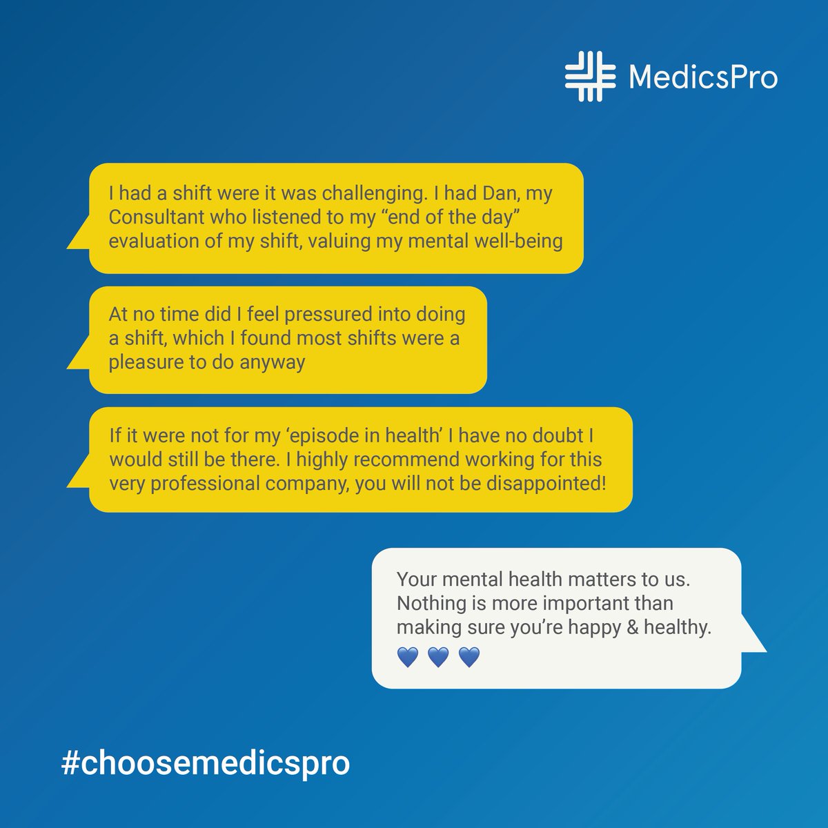 Your mental health is important, we're continuing to make it a priority for you. 

#testimonial #nursingagency #mentalhealth #choosemedicspro
