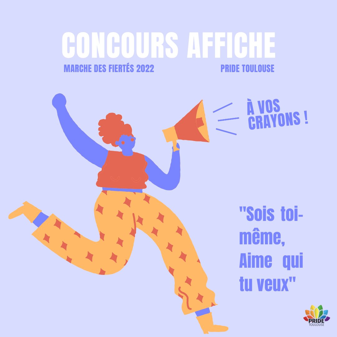 🏳️‍🌈 C O N C O U R S 🏳️‍🌈

😍 Le concours de la création de l’affiche pour la 27ème Marche des Fiertés LGBTQI+ de Toulouse est officiellement lancé !
⌚️ Le concours se termine le 11 février 2022 !
📌 Retrouvez toutes les modalités de participation ici  : docs.google.com/forms/d/e/1FAI…