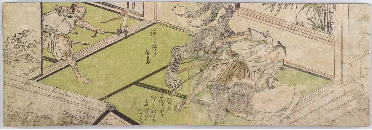 百物語の怪談『猫又屋敷』。猫が大好きな女中が屋敷で猫を飼い出したら女将さんが大の猫嫌いで、猫を追い出してしまい姿を消したが‥という怖い話なのですが春画版では『猫魔羅屋敷』として登場。夜な夜な多くの女をたぶらかして悪さをする猫魔羅屋敷を退治する場面です。どんなたぶらかし方したんや。 