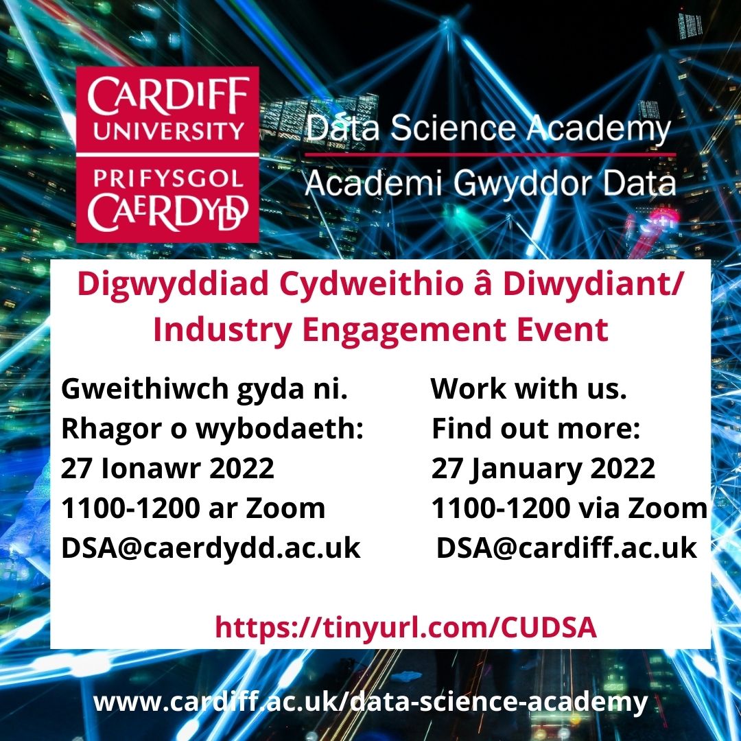 Innovation + Impact / Arloesedd + Effaith (@cu_innovation) on Twitter photo There's still time to register for the <a href="/DSACardiffUni/">Data Science Academy</a>
Industry Engagement Event which takes place this week, discover the range of opportunities for working together. More info & to register: bit.ly/3Iwl8Yf There's still time to register for the <a href="/DSACardiffUni/">Data Science Academy</a>
Industry Engagement Event which takes place this week, discover the range of opportunities for working together. More info & to register: bit.ly/3Iwl8Yf