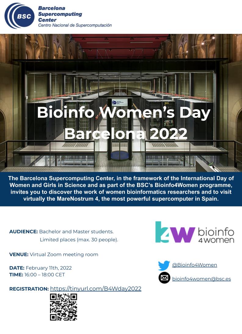 Bioinfo4women's tweet photo. Discover research done by women bioinformaticians at @BSC_CNS and visit the MareNostrum4!

👩‍💻 Bioinfo Women's Day
🗓️ Feb 11 #WomenInScienceDay
👥 Open to BSc &amp; MSc students
✍️ Register https://t.co/KCXFwX3ZBV
🫂 Org @Bioinfo4Women

#11F #11Febrero #GirlsInScience #WomenInScience https://t.co/oKe7Q4Wucz