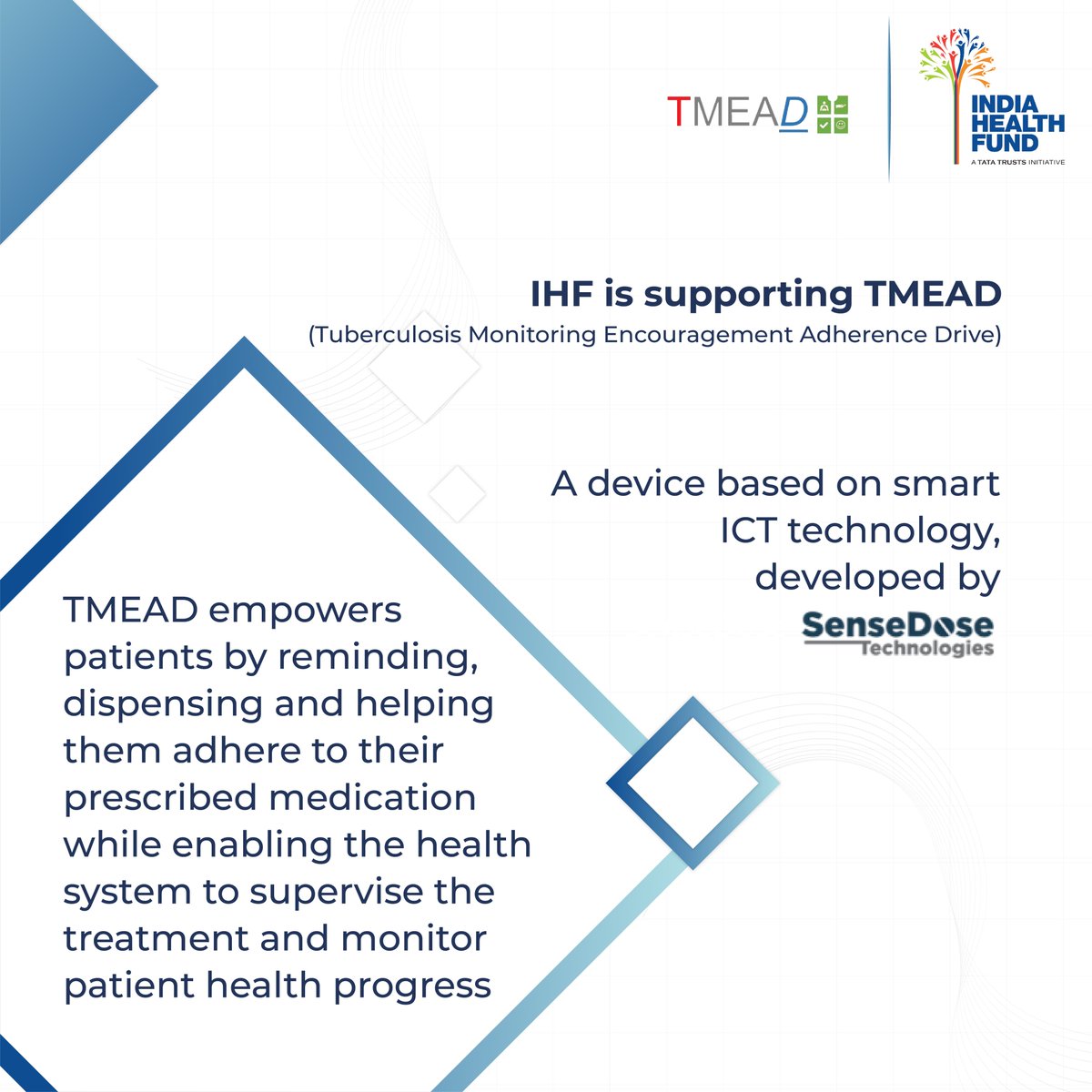 IndiaHealthFund's tweet photo. @sensedose's Tuberculosis Monitoring Encouragement Adherence Drive (TMEAD) is an IHF supported solution developed indigenously as a TB drug adherence tool. Read about TMEAD here: https://t.co/6LUl33q5BB

#TBMuktBharat #Changemakers #ImpactPartnership  #StopTB #EndTB #Healthcare https://t.co/jhVAN12rEx