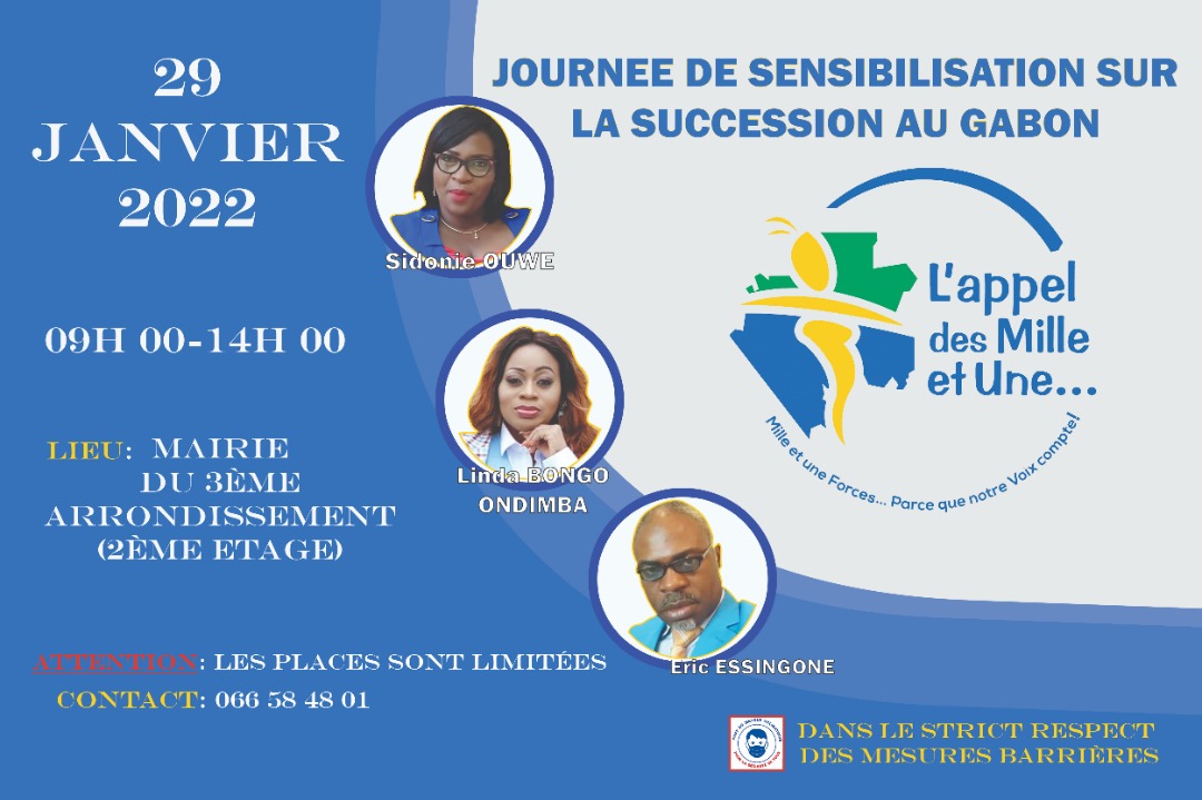 Journée de sensibilisation sur la succession au Gabon. Porte ouverte le samedi 29 janvier 2022 à la mairie du 2ème arrondissement. Enregistrement WhatsApp 066-584-801