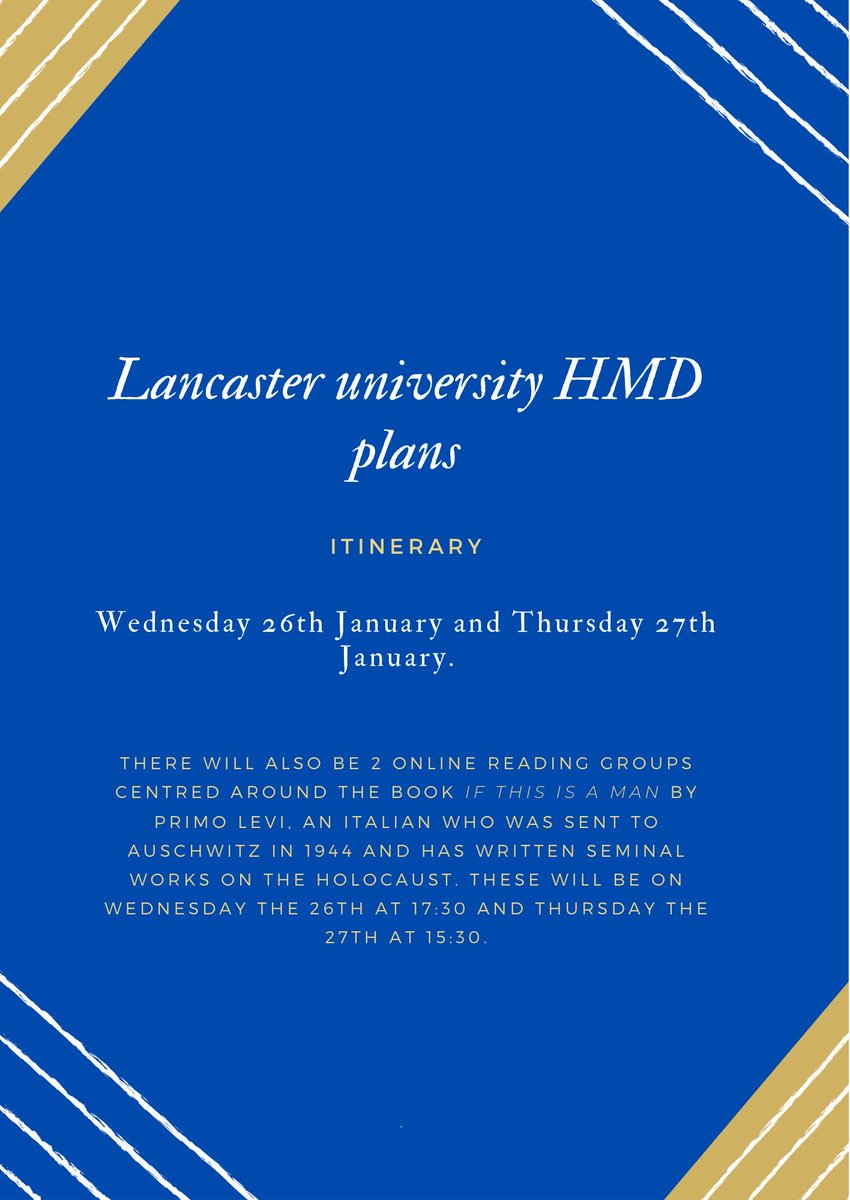 LancasterJSoc's tweet photo. For #HolocaustMemorialDay this year, we have partnered with our @HolocaustUK Regional Ambassadors @AlexDougherty15 &amp; Crawford as well as @LancasterUniLib @LUni_lesley to host a series of events here at @LancasterUni @LancasterSU https://t.co/7Dd9NGWWNm