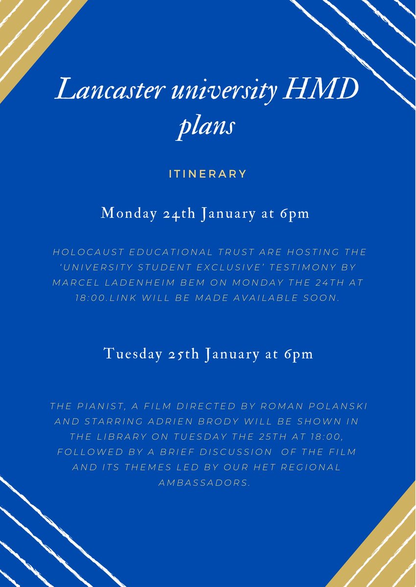 LancasterJSoc's tweet photo. For #HolocaustMemorialDay this year, we have partnered with our @HolocaustUK Regional Ambassadors @AlexDougherty15 &amp; Crawford as well as @LancasterUniLib @LUni_lesley to host a series of events here at @LancasterUni @LancasterSU https://t.co/7Dd9NGWWNm