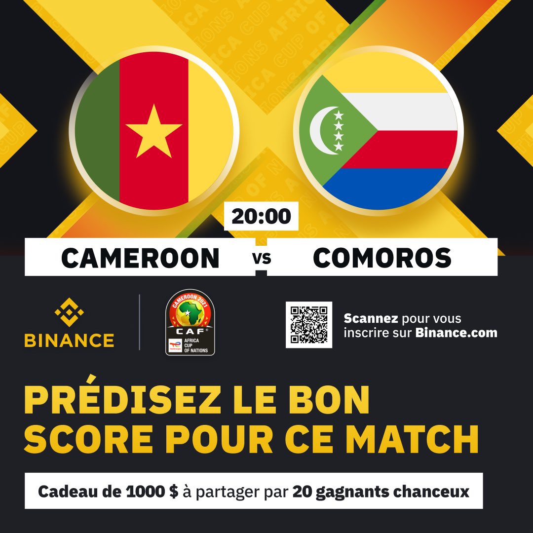 binanceafrique's tweet photo. C’est ce soir! Cameroun 🇨🇲vs. Comores 🇰🇲 

Pour participer:
⭐Devinez le score final
⭐RT ce post
⭐️Donnez votre pronostique 👉🏾: https://t.co/TT7yme8CzB

 Allons-y  ⚽️⚽️⚽️ 

Cagnotte de 1000 $ à partager pour 20 gagnants!

#WhoisBinance #BinanceCAN2021 #BinanceAFCON2021 #CAN2021 https://t.co/wJ35WaOmtk