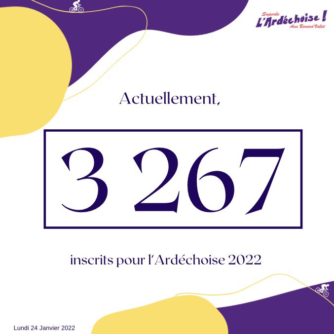 ardechoisecyclo's tweet photo. 𝙄𝙣𝙨𝙘𝙧𝙞𝙥𝙩𝙞𝙤𝙣𝙨 ✍️
👉 Actuellement, vous êtes 3️⃣ 2️⃣6️⃣7️⃣ inscrits pour l'#ardechoise2022 🎉
🤔 Selon-vous, quand allons-nous dépasser la barre des 4 000 inscrits ?
#ardechoise #monardechoise https://t.co/HhhEGW4ya2