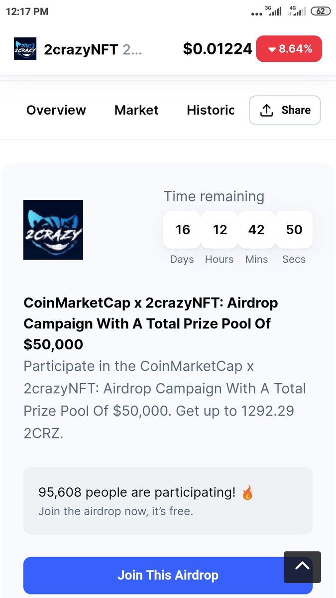 Two weeks two days remain, you can now, participate on, coinmarketcap x 2crazyNFT: airdrop campaign now, with a total price pool of $50,000