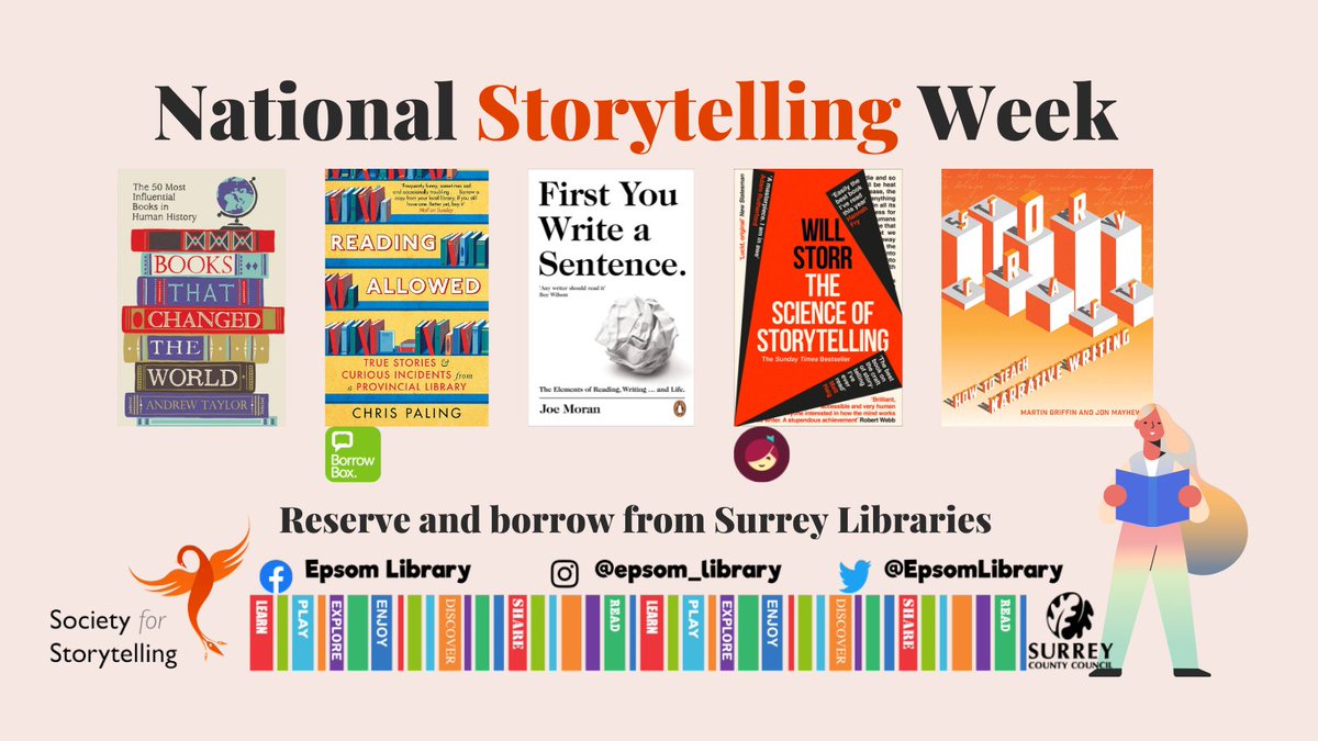 Epsom Library (@epsomlibrary) on Twitter photo This week is @sfs_uk National Storytelling Week, a celebration for oral storytelling. We've picked out some books to help you celebrate, or to help you craft that short story you've always wanted to write! 
All books borrowable and reservable from <a href="/SurreyLibraries/">Surrey Libraries UK</a> This week is @sfs_uk National Storytelling Week, a celebration for oral storytelling. We've picked out some books to help you celebrate, or to help you craft that short story you've always wanted to write! 
All books borrowable and reservable from <a href="/SurreyLibraries/">Surrey Libraries UK</a>