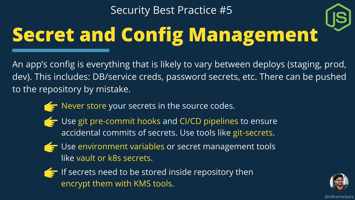 🔒 Security Practice 5

Config management

Storing configs files as plain text in the repo can be catastrophic. Always extract them out of the repo. If your repo is made public by mistake or someone gains access to code, all the secrets will be exposed. 

#nodejs #security
