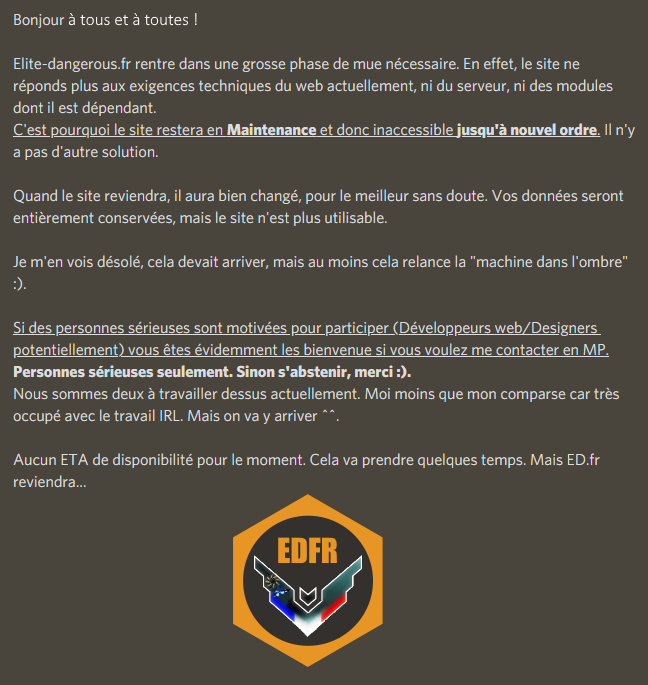 ED_Community_Fr's tweet photo. Bonjour à tous et à toutes ! Annonce importante.
Posez vos question en MP j'y répondrais ! 
Resmo. #EliteDangerous https://t.co/e8Ls52mwjd