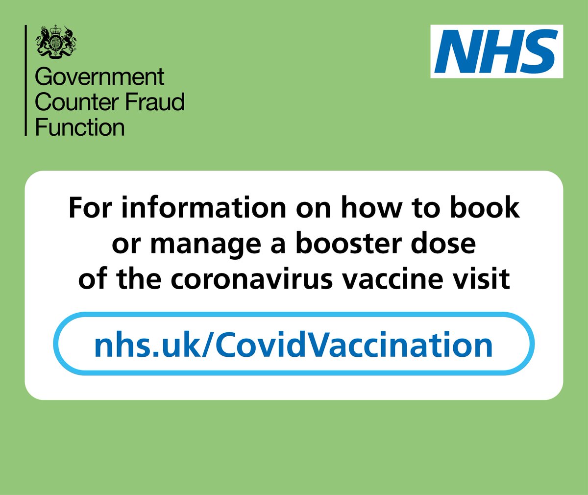 Beware of potential scams related to Covid-19 booster vaccines.

Always remember:

✅The COVID-19 Booster Vaccine is free.

❌The NHS will NEVER ask for payment or any financial details relating to the COVID-19 Booster Vaccine.

More info below 👇