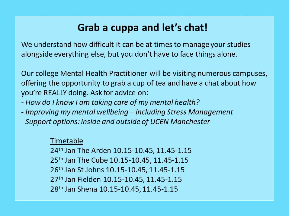 TmcSu's tweet image. Grab a cuppa and let’s chat!  
Get involved with our cross-campus Mental Health Roadshow from Monday 24th – Friday 28th January!