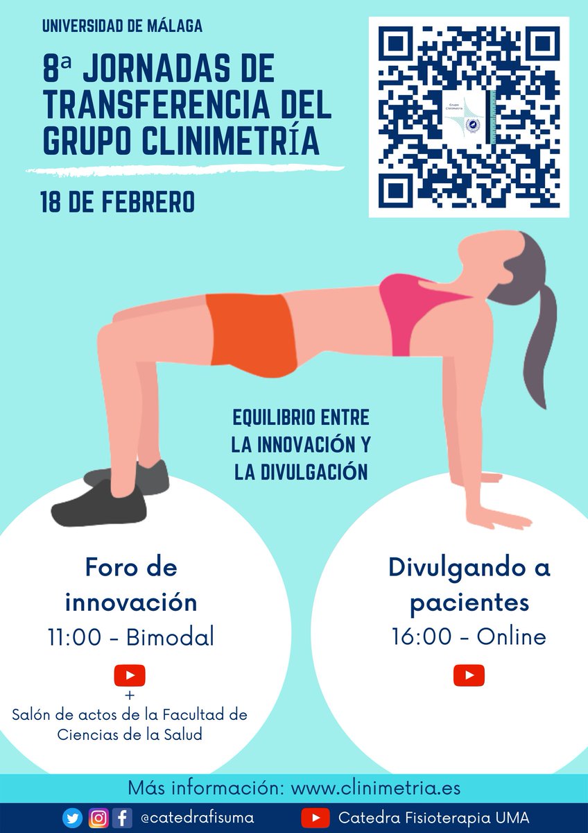 CatedraFisUMA's tweet photo. Atención!🗓️🎯 8 JORNADAS DE TRANSFERENCIA DEL GRUPO CLINIMETRÍA➡️18 FEBRERO:
🔬Foro de Innovación: Cáncer, Salud Digital, Realidad Virtual, Covid, Medicina Interna y S.Pospolio.
👩‍🏫 Divulgando a pacientes: Breves videos sobre salud para pacientes.
Más info: https://t.co/8uE8IQDPaV https://t.co/hWmWHlw1dk