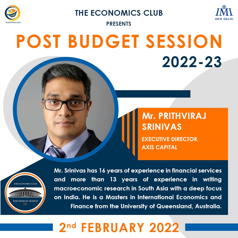 EcoClubIMI's tweet photo. We take immense pride in introducing Mr. Prithviraj Srinivas, Executive Director, Axis Capital, as one of the esteemed panelists for the "Post-Budget Session 2022".
#PBS22
#Postbudgetsession
#UnionBudget
#Budget
#IMINewDelhi
#EconIMI
#LifeatIMI https://t.co/WGL7ZansRN