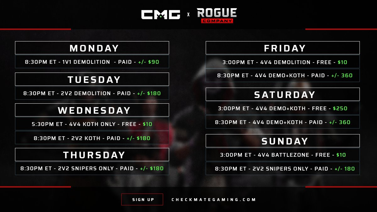 📅Tournament Breakdown for 01/24 - 01/30

💸$40 in Free to Enter Tournaments

💰+/- $1,500 in Pay to Enter Tournaments

Signup Here » checkmategaming.com/tournament/cro…

Full Schedule👇
