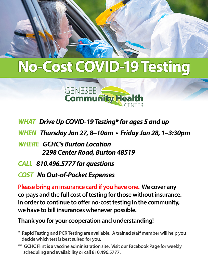 GenHealthSystem's tweet photo. Drive up COVID Testing at our Genesee Community Health Center Burton location this Thursday and Friday. #COVID #testing #driveup #GCHC https://t.co/sYM3IjsU5z
