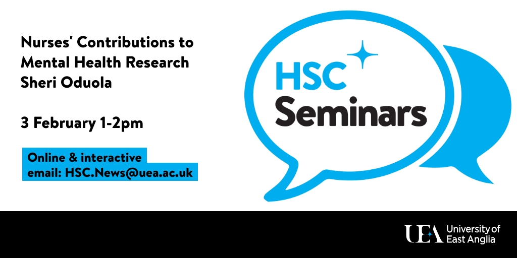 ueahealthsci's tweet photo. Our next #HSCSeminar is on Thursday 3 February. Dr Sheri Oduola will explore the challenges and opportunities for #nurses undertaking #clinicalresearch, discuss nurses’ contributions to #mentalhealthresearch and share findings from her own work. https://t.co/M6csZGCP8O