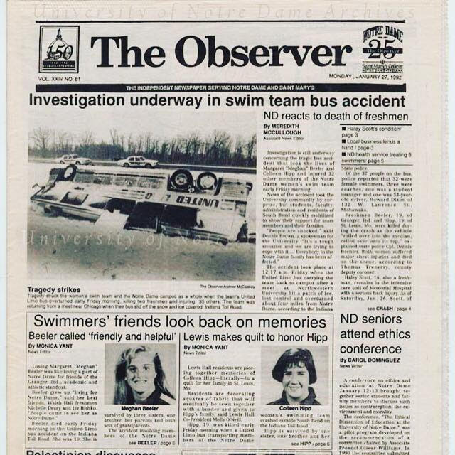 NDMonogram's tweet photo. Our thoughts are with the families, friends &amp; teammates of Meghan Beeler &amp; Colleen Hipp and all those impacted by the @NDSwimDive bus crash that happened 30 years ago today. 🙏☘️ https://t.co/01o5fTg17N