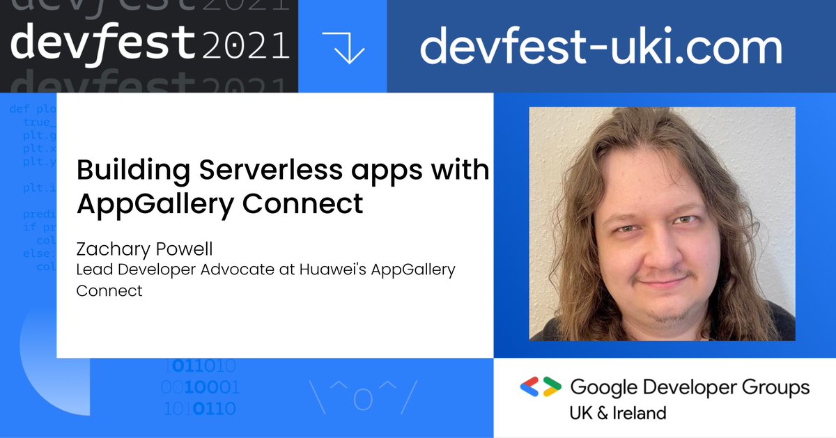 💡WORKSHOP HIGHLIGHT! "Building Serverless apps with AppGallery Connect" by <a href="/devwithzachary/">Zachary Powell 🥑</a>

Join us for this Hybrid (in-person &amp; virtual) event
📅 Saturday, January 29, 2022
🎟️ devfest-uki.com
🌍 London

#devfestuki #Android #Cloud #workshop