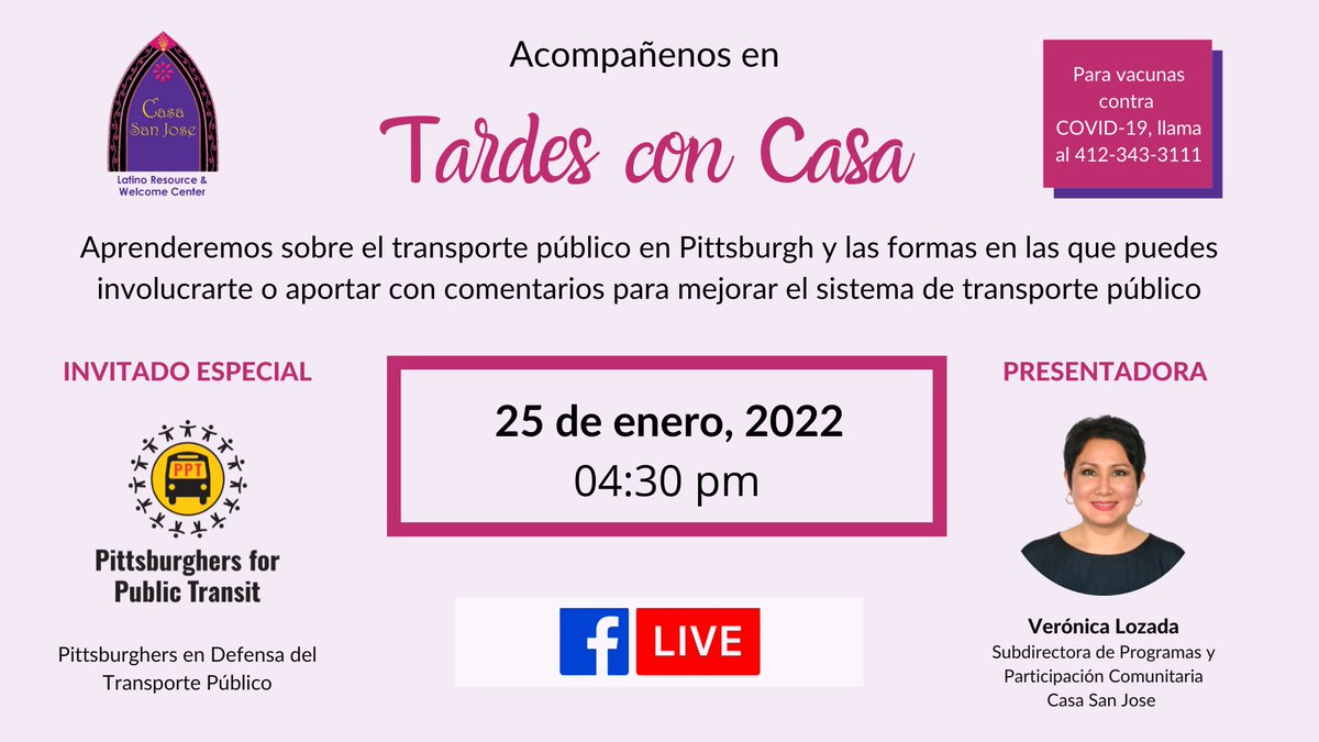 CasaSanJosePGH's tweet photo. 🚎 Learn about public transportation in Tardes con Casa.
💜Special Guest: @Pgh4PubTransit
📆01-25-2022
📍 https://t.co/af7VBrHAg5
#ConnectCard #CasaSanJose #TardesConCasa #PublicTransportation #Bus #Pittsburgh #TransportePúblico #PittsburghersForPublicTransit https://t.co/haNTHwdS0a