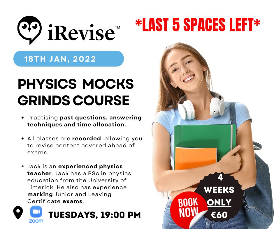 ❗THERE IS NOW ONLY LAST 5 SPACES LEFT IN OUR LC PHYSICS
MOCKS REVISION CLASS❗ 

⚠*SIGN UP BEFORE THEY ARE ALL GONE*⚠

CLICK HERE👉🏼irevise.com/ie/classes/146

#irevise #ireviseisucceed  #grinds #mocks #mocks2022 #leavingcert #leavingcertificate #lc2022 #lcphysics