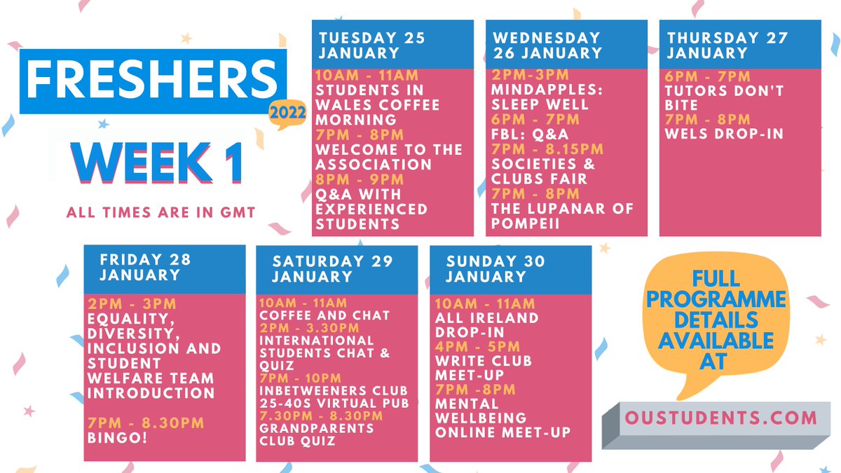 OUstudents's tweet photo. It's here! #OUStudentsFreshers22 gets underway tomorrow. Here's the first week's programme of exciting events:
https://t.co/xN56EC3aDv https://t.co/e3WCSmeAdu