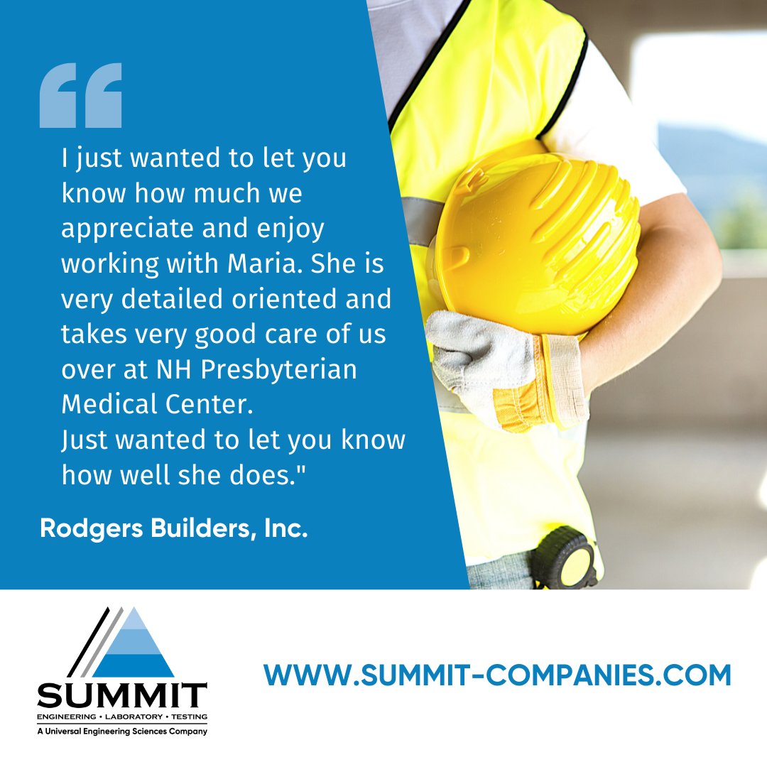 TheSUMMITCo's tweet photo. Thank you, Rodgers Builders, and congratulations Maria! We love hearing from our clients on a job well done!
#SUMMIT #SUMMITengineering #engineering #UES #UniversalEngineering #GroundedInExcellence #testimonial #teamwork #congrats #thankyou https://t.co/GHqGhrvHcm