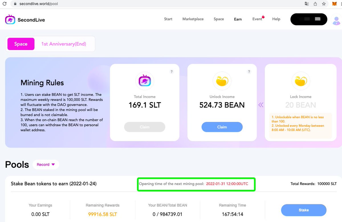 ⏰The 14th week of #mining has officially started.

#Mining Rules：
1️⃣ Earn $SLT by staking $BEAN
2️⃣ The staked $BEAN will be burned and cannot be withdrawn
3️⃣When the on-chain $BEAN ≥ 100, users can withdraw the $BEAN to personal wallet address.

👉👉secondlive.world/pool