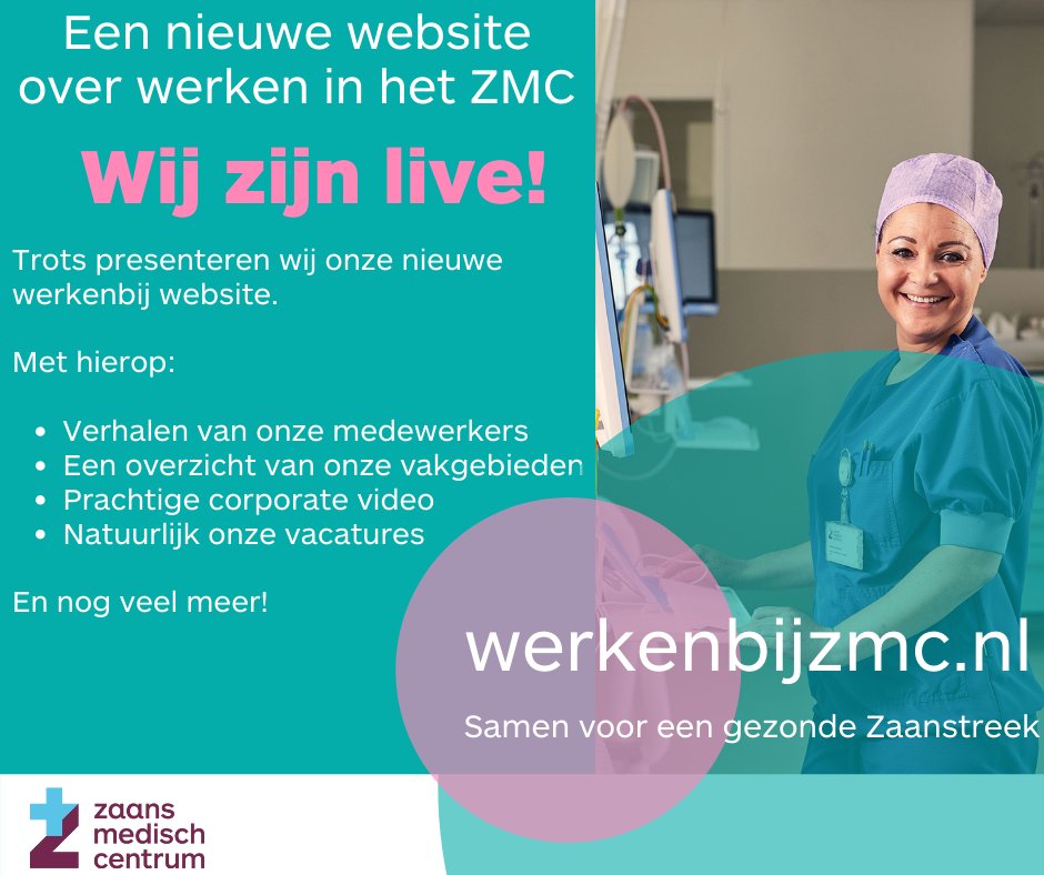 Yes! 🥳 we hebben een nieuwe Werken bij ZMC website! Met mooie video's, verhalen van onze collega's, opleidingsmogelijkheden, natuurlijk de openstaande vacatures en nog veel meer! Neem snel een kijkje op werkenbijzmc.nl!