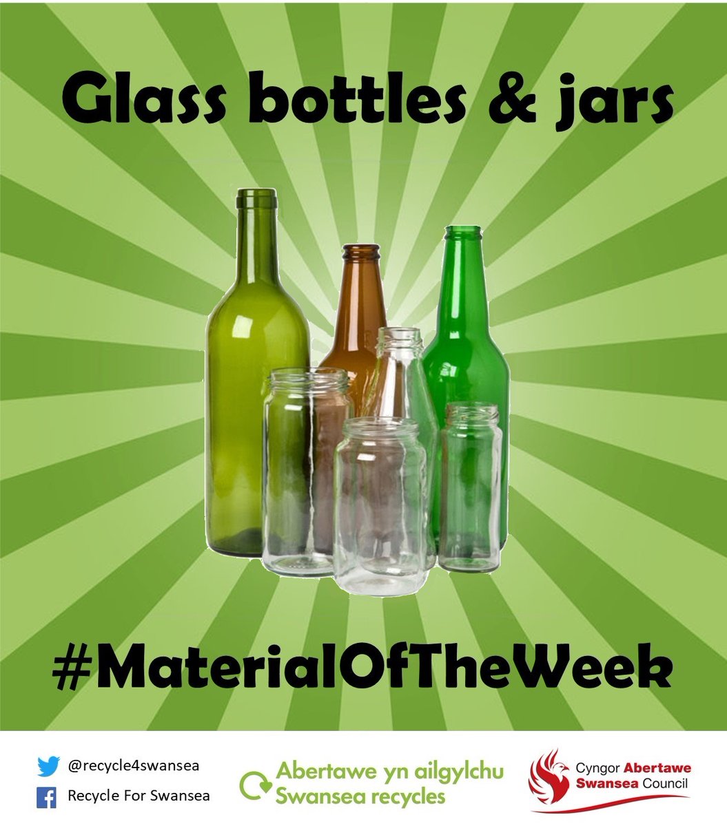 Recycle4Swansea's tweet photo. ♻ Glass bottles and jars are our new #MaterialOfTheWeek These can be recycled in your green kerbside bags with metal and glass but please remember to rinse all items clean first to remove any food residue. https://t.co/DlasTTzgY3