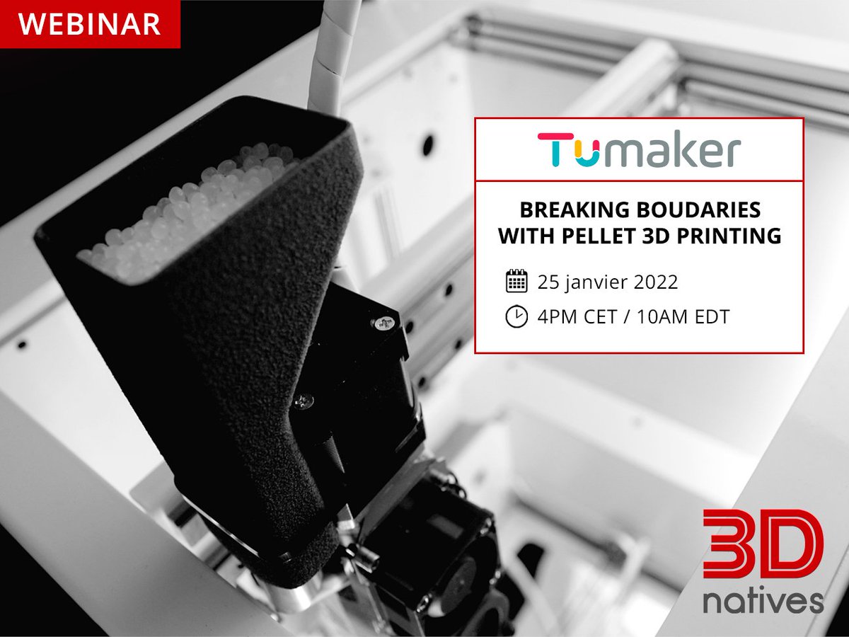 🔴 Demain, 25 janvier, aura lieu le webinaire "Breaking Boundaries With Pellet 3D Printing".

Si vous voulez en savoir plus sur l'impression 3D avec des #granulés, vous ne pouvez pas manquer cet événement.

Inscription gratuite: lnkd.in/dasxYTdk

⏰ 16:00 PM CET (10AM EDT)