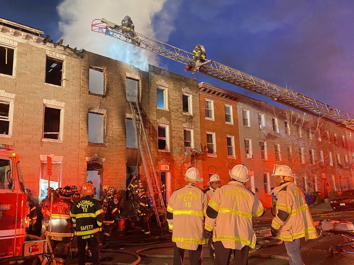 BaltimoreFire's tweet photo. Since 6am, #BCFD has been on the scene of a 2-alarm fire in a vacant home in the 200blk of S. Sticker St. 1 firefighter was transported to the hospital in serious condition &amp; we are working to rescue 2 additional FFs inside. Media Staging at S. Stricker &amp; W. Pratt St. https://t.co/WR6kJLR3tm