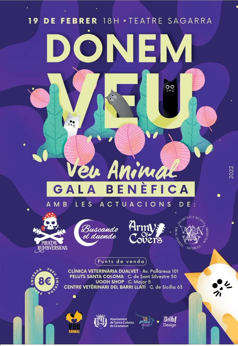 veuanimal's tweet photo. Este 19 de febrero nos os podéis perder nuestro concierto benéfico!!

Puedes adquirir las entradas en los puntos de venta mencionados en el cartel!

Todo lo recaudado irá destinado a cubrir gastos veterinarios y de manutención 👩🏻‍⚕️ 

¿Nos echas una pata?🐱😍 https://t.co/V6eHamuOlT