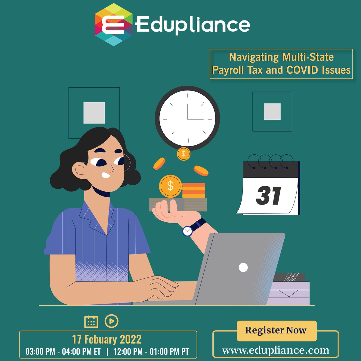edupliance's tweet photo. Click https://t.co/WaVbppUXzq to join @edupliance next upcoming live webinar on 17th February to know about "Navigating Multi-State Payroll Tax and COVID Issues" by Janette Frisch
#MultiState #MultiStatePayrollTax #employeeswork #COVID19Pandemic #COVID19 #Compliance #IRS #usa #hr https://t.co/yRNlhqGlvY