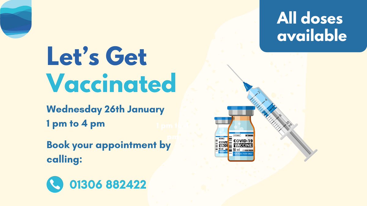 Medwyn Surgery will be running a COVID-19 Vaccination Clinic On Wednesday 26th January from 1 pm to 4 pm. All doses will be available. Call us on 01306 822422 to book your appointment. #Dorking #COVID19