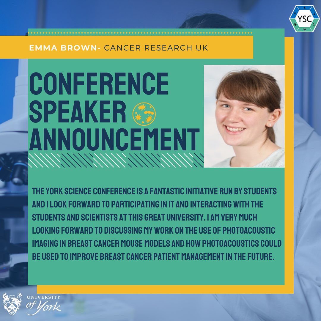 YorkSciCon's tweet photo. Announcing another one of our speakers, Emma Brown who will be talking about photo acoustic imaging in breast cancer mouse models! 🔬🥼REMINDER📢: Student panelist applications are closing TODAY! https://t.co/K6OZLaibLr