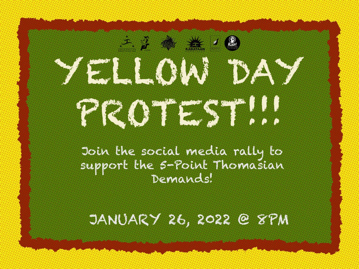 R4EEspana's tweet photo. As classes resume on January 26, we must collectively push for the safe resumption of physical classes, fight for safe, accessible, and quality Thomasian Education.
Join our social media rally as we amplify the 5-Point Thomasian Demands!
#LigtasNaBalikEskwela https://t.co/GJ2H7p6id7