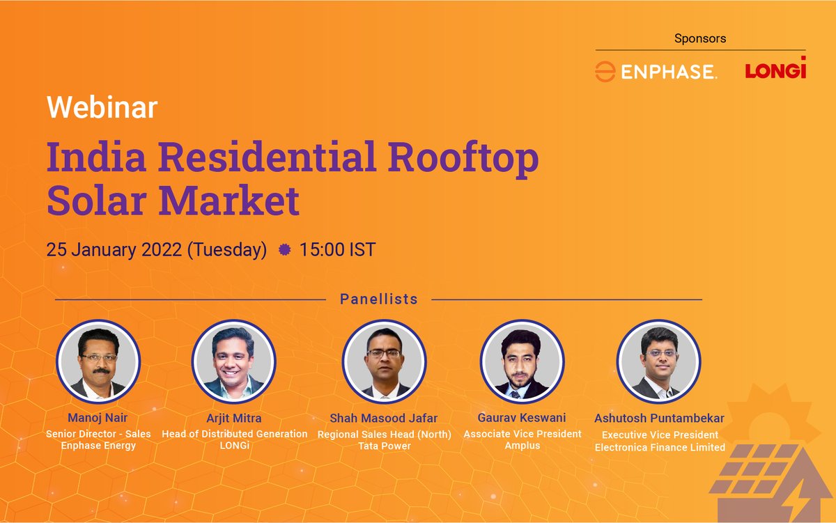Join us for an interactive discussion on the recent sectoral developments in the residential rooftop solar market in India. The discussion would focus on market outlook and latest market trends.

Register for the webinar by clicking here: 
attendee.gotowebinar.com/register/70171…